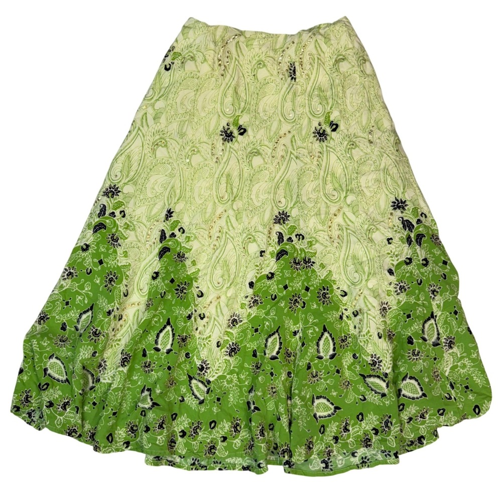 Gado Gado Green Paisley Beaded Sequin Boho Midi Skirt Womens Lined - Picture 2 of 8